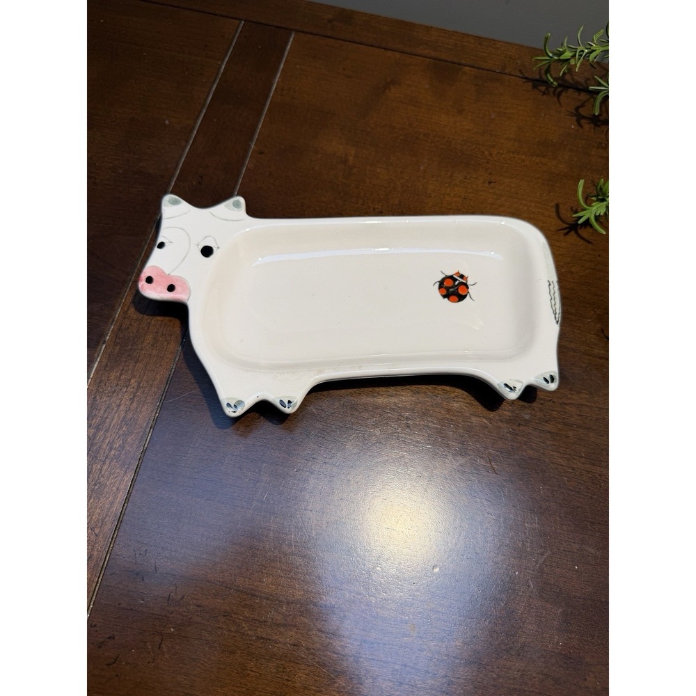 Tastesetter By Sigma Hand Painted Cow & Lady Bug Tray Butter Dish Trinkets 8x4.5